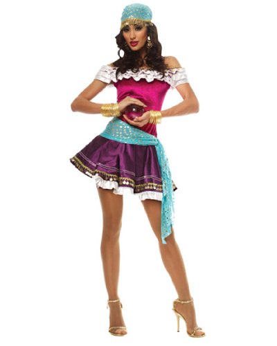 Side profile view of the Ladies Sexy Shimmery Fortune Teller dress