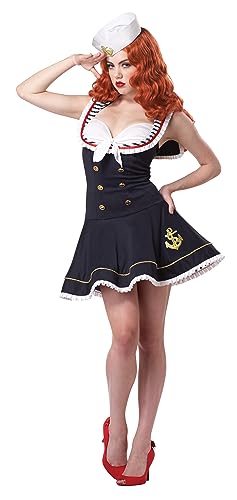 Front view of the Women's Nautical Costume with sailor hat and white knee-high socks