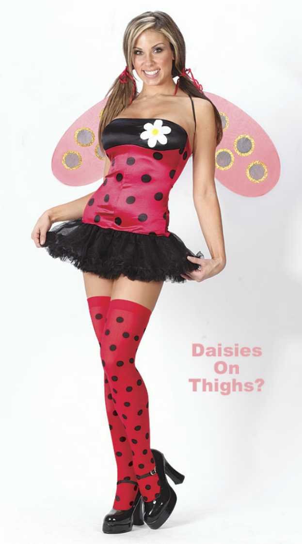 Side profile view of the Womens Lovely Ladybug Costume highlighting the flattering spandex fit and skirt length